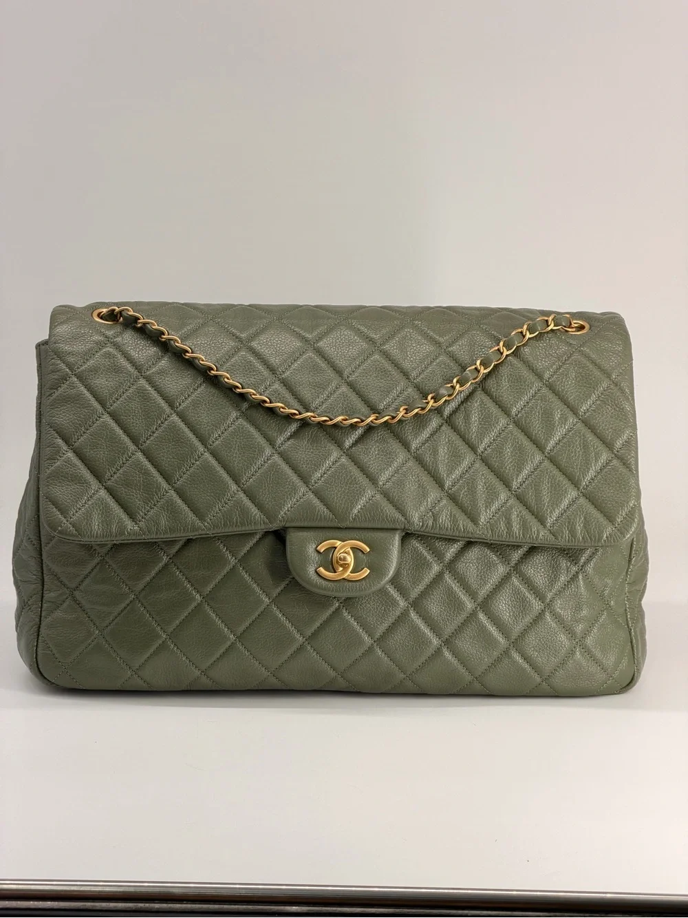Chanel XXL Travel Classic Flap Bag Khaki Grained Calfskin Leather